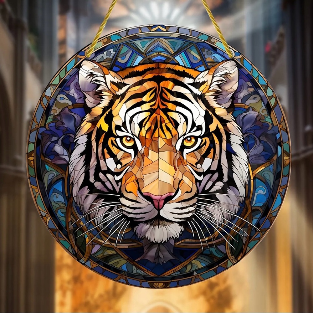 Suncatcher, Tiger head, acrylic. NIP. Hang cord. Protective film cover. 6” diam